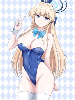 Rule 34 | 1girl, absurdres, animal ear hairband, animal ears, argyle background, arm behind back, blonde hair, blue archive, blue bow, blue bowtie, blue eyes, blue halo, blue leotard, blue nails, bow, bowtie, breasts, cleavage, closed mouth, covered navel, cowboy shot, earpiece, fake animal ears, hairband, halo, highres, kuro hopper, large breasts, leotard, long hair, looking at viewer, playboy bunny, rabbit ear hairband, rabbit ears, rabbit tail, solo, tail, thighhighs, toki (blue archive), v, very long hair, white thighhighs