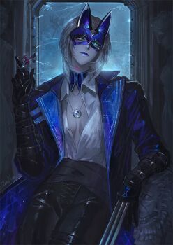 1girl coat commentary dangling english_commentary eye_mask hand_up highres jewelry mask necklace open_clothes open_coat partially_unbuttoned path_to_nowhere renepolumorfous shirt solo tetra_(path_to_nowhere) white_shirt