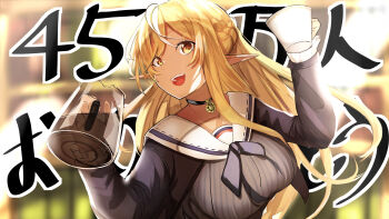 1girl blonde_hair braid breasts choker coffee_maker coffee_pot cup dark-skinned_female dark_elf dark_skin disposable_coffee_cup disposable_cup dress elf french_braid half_updo highres hololive jewelry large_breasts long_hair long_sleeves looking_at_viewer maruno_ball open_mouth orange_eyes pendant pendant_choker pinstripe_dress pinstripe_pattern pointy_ears sailor_collar sailor_dress shiranui_flare shiranui_flare_(street) short_hair smile solo striped teeth upper_body upper_teeth_only virtual_youtuber