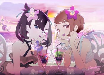 2girls asymmetrical_bangs black_choker blue_shirt breasts brown_eyes brown_hair chair choker closed_mouth collarbone commentary_request drinking_straw eyelashes flower gen_8_pokemon glass gloria_(pokemon) gloria_(summer_2021)_(pokemon) grimmsnarl hair_flower hair_ornament head_rest inteleon jewelry liquid looking_at_viewer marnie_(pokemon) marnie_(summer_2021)_(pokemon) mizutani_megumi multiple_girls necklace nintendo official_alternate_costume open_mouth outdoors pink_flower pokemon pokemon_(creature) pokemon_masters_ex purple_flower scrunchie shirt signature sitting sleeveless sleeveless_shirt smile sparkle swimsuit table teeth tongue tongue_out twilight upper_teeth_only wrist_scrunchie