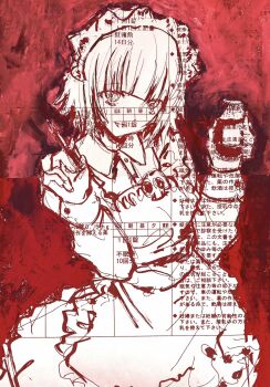 1girl apron blunt_bangs bottle chan8016 collared_shirt crazy crazy_eyes dress drugs futaba_channel hands_up highres holding holding_bottle holding_syringe looking_at_viewer maid maid_headdress monochrome pill_bottle red_background red_theme shirt skull_print solo syringe yakui
