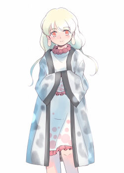 1girl blonde_hair coat commentary_request ebisu_eika feet_out_of_frame frilled_skirt frills grey_coat knees light_blush long_earlobes long_hair one-hour_drawing_challenge orange_eyes polka_dot polka_dot_shirt polka_dot_skirt rangycrow shirt skirt smile solo touhou twintails white_background white_shirt white_skirt