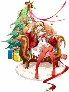 1girl aqua_eyes armchair bare_shoulders blonde_hair bow box breasts chair choker christiane_(langrisser) christmas christmas_ornaments christmas_tree cleavage collarbone come_hither cup easy_chair full_body game_cg gift gift_box hair_between_eyes hair_bow hair_ribbon hand_up holding holding_cup langrisser langrisser_mobile langrisser_re:incarnation large_breasts lingerie long_hair looking_at_viewer negligee no_shoes official_alternate_costume official_art on_chair parted_lips plunging_neckline red_ribbon red_shawl red_thighhighs ribbon ringlets rug shawl simple_background sitting solo strap_slip tachi-e tassel thigh_peek thighhighs third-party_source transparent_background underwear white_negligee zettai_ryouiki