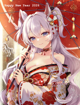 1girl 2026 absurdres animal_ears bare_shoulders blue_eyes breasts chinese_zodiac cleavage closed_mouth collarbone commentary_request floral_print grey_hair hair_between_eyes happy_new_year highres holding holding_umbrella horse horse_ears japanese_clothes kazari_hisa kimono long_hair looking_at_viewer medium_breasts new_year off_shoulder oil-paper_umbrella original print_kimono red_kimono red_umbrella signature smile solo two_side_up umbrella very_long_hair white_kimono year_of_the_horse