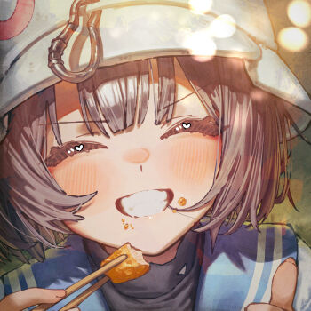 Rule 34 | 1girl, betabeet, black hair, black shirt, blue archive, blue sailor collar, blush, chopsticks, closed eyes, combat helmet, commentary, english commentary, food, food on face, grin, helmet, highres, holding, holding chopsticks, holding food, looking at viewer, sailor collar, saki (blue archive), shirt, short hair, smile, solo, thumbs up, turtleneck, turtleneck shirt