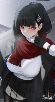 1girl absurdres black_coat black_gloves black_hair black_pantyhose black_skirt blue_archive blush breasts coat commentary_request gloves hair_ornament hairclip halo highres large_breasts long_hair long_sleeves looking_at_viewer pantyhose red_eyes red_scarf rio_(blue_archive) scarf skirt solo sweater turtleneck turtleneck_sweater white_sweater yamikyon