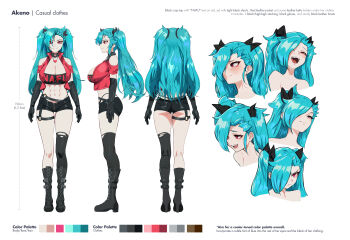 1girl abs absurdres akeno(itsnafulol) angry ass ass_peek asymmetrical_legwear belt blue_hair boots breasts casual character_name character_profile cleavage crop_top cropped_jacket embarrassed from_behind from_front from_side gloves hair_between_eyes hair_over_one_eye hair_ribbon height highres huge_ass japanese_(nationality) knee_boots large_breasts long_hair looking_at_viewer multiple_expressions multiple_views pink_eyes reference_sheet ribbon short_shorts shorts sideboob smile smirk smug someone_(someone199912) thick_thighs thighhighs thighs twintails variant_set white_background wide_hips