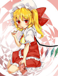 Rule 34 | 1girl, ascot, blonde hair, clothing cutout, crystal wings, dress, flandre scarlet, food, full body, harry (namayake), heart, highres, leg cutout, looking at viewer, pocky, red dress, red eyes, red ribbon, ribbon, side ponytail, solo, touhou, yellow ascot