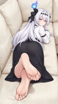 1girl arbiter_the_empress_iii_(azur_lane) arm_strap ass asymmetrical_hair azur_lane barefoot black_skirt blue_fire blush couch ei_dong fire grey_hair hair_between_eyes hair_bun highres horns looking_at_viewer looking_back lying official_alternate_costume on_couch on_stomach purple_eyes shirt single_horn single_side_bun siren_(azur_lane) skirt smile soles solo white_shirt