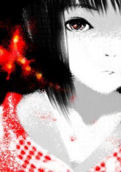 1girl black_hair bug butterfly close-up colored_skin commentary_request expressionless fatal_frame fatal_frame_1 insect japanese_clothes kimono kuromasa_shisei looking_at_viewer red_eyes short_hair solo tachibana_chitose white_skin