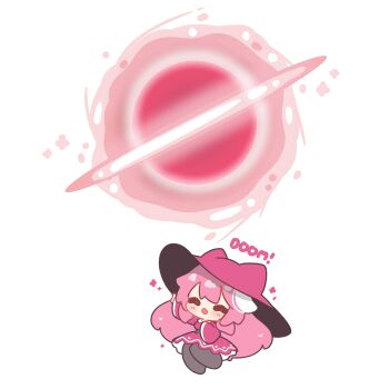 1girl absurdres black_hole breasts chibi decrilus dress hat highres hololive hololive_english long_hair multicolored_hair pink_hair raora_panthera virtual_youtuber witch_hat