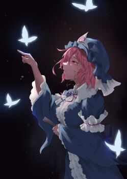 1girl absurdres black_background blue_hat blue_kimono bow bowtie bug butterfly expressionless folded_fan folding_fan frilled_kimono frills hand_fan hat highres holding holding_fan insect japanese_clothes kimono long_sleeves mo_zhu mob_cap pink_eyes pink_hair saigyouji_yuyuko short_hair solo touhou triangular_headpiece wide_sleeves