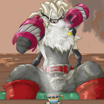 belt digimon digimon_(creature) mask nnn_(pixiv238762) sitting star_(symbol) tea wolvermon