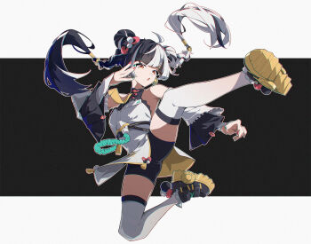 1girl ahoge aqua_nails bare_shoulders black_background black_hair black_shoes black_shorts black_thighhighs braid brown_eyes china_dress chinese_clothes commentary detached_sleeves dialyn_(zenless_zone_zero) dress frilled_dress frilled_sleeves frills full_body hair_ornament hairclip hand_up highres legs long_hair looking_to_the_side multicolored_hair multicolored_nails multicolored_thighhighs nail_polish necktie parallel_hairclips postalworks red_nails shoes shorts sneakers solo split-color_hair thigh_strap thighhighs thighs twin_braids two-tone_hair two-tone_nails two-tone_thighhighs white_background white_dress white_hair white_sleeves white_thighhighs wire yellow_necktie yellow_shoes zenless_zone_zero