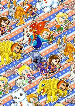 absurdres airdramon asin_567 betamon blue_eyes centalmon digimon digimon_adventure_02 flarelizamon highres lopmon lou_(digimon) maria_(digimon) michael_(digimon) one_eye_closed sam_(digimon) steve_(digimon) tatum_(digimon) terriermon tortamon walking wallace_(digimon) wink yukidarumon