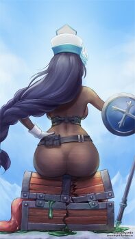 Rule 34 | 1girl, alternate costume, anarchyart, ass, ass focus, backboob, belt, blue hair, bodystocking, braid, breasts, from behind, gloves, goddess of victory: nikke, hat, highres, long hair, long tongue, maiden (ice rose) (nikke), maiden (nikke), mimic, mimic chest, monster, official alternate costume, shield, single braid, sitting, sitting on creature, skin tight, staff, tongue, very long hair