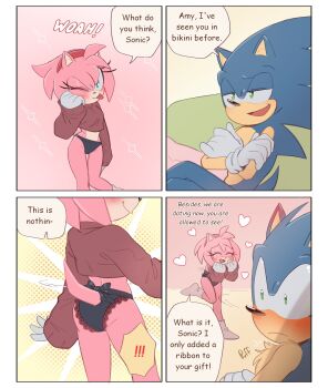 Rule 34 | 1boy, 1girl, amy rose, ass, ass focus, back, bare legs, black panties, blue fur, blue hair, blush, bow, bow panties, excited, gloves, green eyes, groin, hairband, heart, legs, medium hair, one eye closed, one leg raised, panties, pillow, pink fur, pink hair, seductive gaze, sega, sitting, smile, socks, sonic (series), sonic the hedgehog, spiked hair, sweater, tail, tiolimond, tongue, tongue out, underwear, wink