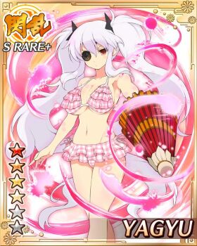 Rule 34 | 1girl, aura, bikini, breasts, card (medium), character name, cleavage, closed mouth, closed umbrella, dot mouth, eyepatch, frilled bikini, frills, game cg, large breasts, long hair, looking at viewer, navel, non-web source, official alternate costume, official art, oil-paper umbrella, pink bikini, red eyes, senran kagura, senran kagura new wave, shuriken, shuriken hair ornament, solo, swimsuit, twintails, umbrella, weapon, white hair, yagyu (senran kagura)
