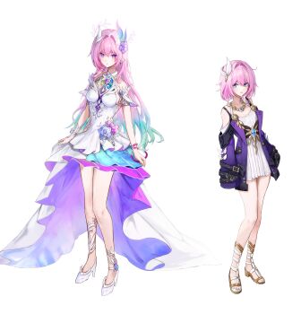2girls absurdres aqua_hair bare_shoulders blue_eyes breasts coat commentary cyrene_(aedes_elysiae)_(honkai:_star_rail) cyrene_(honkai:_star_rail) cyrene_(ripples_of_past_reverie)_(honkai:_star_rail) dana_(hapong07) diamond-shaped_pupils diamond_(shape) dress dual_persona flower gradient_hair hair_flower hair_ornament hashtag-only_commentary high_heels highres honkai:_star_rail honkai_(series) jewelry large_breasts long_hair looking_at_viewer multicolored_hair multiple_girls necklace pink_hair pointy_ears purple_coat purple_eyes sandals short_hair simple_background small_breasts symbol-shaped_pupils two-tone_hair very_long_hair white_background white_dress