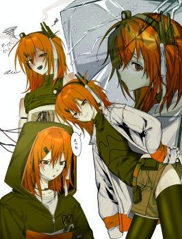 1girl a.i._voice absurdres adachi_rei android bare_shoulders belt black_hoodie black_shirt black_thighhighs blush blush_stickers cable clothes_lift commentary_request flat_chest full-face_blush gloves hair_between_eyes hair_ornament hair_ribbon hairclip half-closed_eye half-closed_eyes hand_on_own_hip headlamp headset highres hirune_(suiminbusoku118) hood hood_up hoodie jacket joints long_sleeves looking_at_viewer looking_down mask mask_around_neck mechabare medium_hair mouth_mask multiple_views one_side_up open_clothes open_jacket orange_eyes orange_hair partial_commentary radio_antenna rain ribbon robot_joints shirt shirt_lift shirt_under_hoodie shorts shoulder_blush simple_background smoke smoke_trail smoking speech_bubble squiggle sweatdrop thighhighs transparent transparent_umbrella turtleneck umbrella utau wet white_background white_gloves white_jacket white_ribbon white_shirt zipper