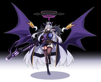 1girl absurdres aged_up ahoge aiguillette black_background black_gloves black_halo black_horns blue_archive breasts brown_thighhighs clawed_wings closed_mouth coat coat_on_shoulders commentary_request demon_girl demon_horns demon_wings energy_cannon epaulettes eye_trail full_body garter_straps gloves glowing glowing_weapon gradient_background gun hair_ornament hairclip half-closed_eye halo highres hina_(blue_archive) holding holding_gun holding_weapon horns huge_breasts huge_weapon korean_commentary lazy_ant leg_up light_trail long_hair long_legs low_wings machine_gun mg42 multiple_horns one_eye_closed oversized_wings parted_bangs purple_eyes purple_garter_straps purple_shirt purple_skirt purple_wings shadow shirt skirt solo standing thighhighs very_long_hair weapon white_background white_hair wings