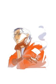 1boy black_hair bomber_jacket cigarette disco_elysium elbow_rest glasses gloves hand_on_own_arm hand_on_own_chin hand_on_own_face head_rest head_tilt highres holding holding_cigarette jacket kim_kitsuragi looking_at_viewer male_focus orange_gloves orange_jacket shirt short_hair sidelighting smoke smoke_trail solo t-shirt uni_barti upper_body white_shirt