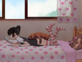 1girl ass bed bedroom bestiality bored cellphone clothes_lift curtains dog doggystyle earrings henti hetero high_ponytail highres humping jewelry loli lying multitasking no_shoes on_bed on_stomach panties panty_pull phone ponytail poodle prone_bone sex sex_from_behind short_ponytail short_sleeves sidelocks size_difference skirt skirt_lift smartphone striped_clothes striped_thighhighs stuffed_animal stuffed_toy teddy_bear thigh_grab thighhighs thighs underwear vaginal white_panties window