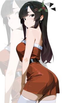 Rule 34 | 1girl, arched back, ass, bare shoulders, black eyes, black hair, blunt bangs, breasts, character request, christmas, christmas ornaments, commentary, copyright request, earrings, from side, fur trim, hair between eyes, hectorrambito, highres, jewelry, long hair, looking at viewer, medium breasts, mistletoe, simple background, solo, thighhighs, untranslatable commentary, upper body, white background, zoom layer