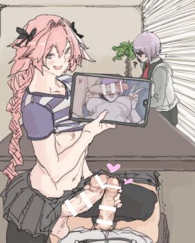 1girl 2boys amanda_kenny astolfo_(fate) black_bow bow braid clothes_lift fate/grand_order fate_(series) frottage fujimaru_ritsuka_(male) glasses hair_intakes hair_ribbon handjob highres josou_seme large_penis long_hair mash_kyrielight multiple_boys penis penis_on_face penis_over_eyes penises_touching pink_hair ribbon shirt_lift single_braid tablet_pc trap yaoi