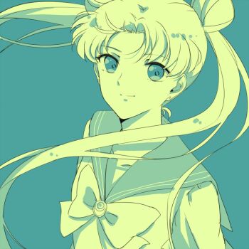 Rule 34 | 1girl, aqua background, aqua theme, bishoujo senshi sailor moon, blue eyes, bow, double bun, female focus, floating hair, hair bun, hiki-wota, monochrome, parted bangs, sailor collar, school uniform, serafuku, solo, tsukino usagi, upper body