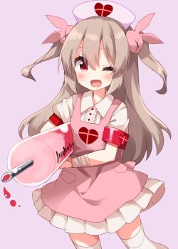 1girl ;d apron armband bandaged_wrist bandages blush center_frills collared_dress commentary_request cowboy_shot dress frills grey_background grey_hair hair_between_eyes hair_ornament hat heart heart_print highres holding holding_syringe long_hair looking_at_viewer natori_sana natori_sana_(nurse) nurse_cap one_eye_closed open_mouth oversized_object pink_apron pocket print_apron puffy_short_sleeves puffy_sleeves rabbit_hair_ornament red_armband red_eyes ruu_(tksymkw) sana_channel short_sleeves simple_background smile solo syringe thighhighs two_side_up virtual_youtuber white_dress white_hat white_thighhighs