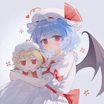 1girl absurdres bat_wings bow censored character_doll doll frilled_hat frilled_sleeves frills fumo_(doll) hat hat_ribbon heart highres holding holding_doll mob_cap mosaic_censoring parted_lips pointy_ears puffy_short_sleeves puffy_sleeves purple_hair red_bow red_eyes red_ribbon remilia_scarlet ribbon shirt short_hair short_sleeves skirt solo sweatdrop touhou waist_bow white_hat white_shirt white_skirt wings yuuneka