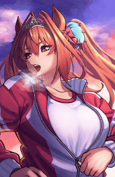 1girl absurdres animal_ears antenna_hair breasts brown_hair collarbone commentary_request daiwa_scarlet_(umamusume) evening fang gym_shirt hair_between_eyes hair_intakes hair_ornament highres horse_ears horse_girl jacket large_breasts long_hair long_sleeves open_mouth partially_unzipped purple_sky red_eyes red_jacket shirt sky solo teeth tiara tracen_training_uniform track_jacket twintails umamusume unzipping upper_teeth_only utsuke_(u_tuk_e) very_long_hair white_shirt