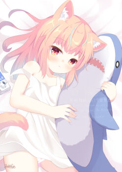 1girl animal_ears aqua_hair blonde_hair cat_ears cat_girl cat_tail dress drink_carton holding holding_stuffed_toy looking_at_viewer lying medium_hair milk_carton on_side original panties red_eyes short_dress short_hair strap_slip stuffed_animal stuffed_shark stuffed_toy sundress tail umi_suzume underwear white_dress