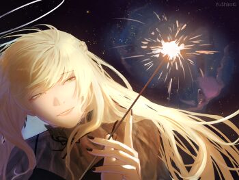 1girl :d absurdres aegyo_sal black_dress black_shirt blonde_hair cloud cloudy_sky commentary dress english_commentary fireworks green_eyes grin hair_over_shoulder half-closed_eyes halo head_tilt highres holding holding_fireworks long_hair neck_ribbon night omniscient_reader's_viewpoint open_mouth ribbon see-through_clothes see-through_shirt shirt sky smile solo spaghetti_strap sparkler upper_body uriel_(omniscient_reader's_viewpoint) very_long_hair yu_shiro_ki