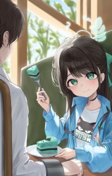 1boy 1girl absurdres airi_(band)_(blue_archive) airi_(blue_archive) black_hair blue_archive blue_jacket bow cake cake_slice closed_mouth commentary day food fork green_bow green_eyes green_halo hair_bow halo highres holding holding_fork indoors jacket long_hair long_sleeves mint_chocolate offering_food official_alternate_costume open_clothes open_jacket plate print_shirt restrained sensei_(blue_archive) shirt smile stationary_restraints sunlight sweat table ubeuna white_shirt window
