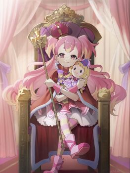 1girl blonde_hair boots bow brooch commentary crown cure_friendy cure_wonderful curtains dress frilled_dress frills hair_pulled_back heart heart_brooch highres hugging_doll hugging_object inukai_komugi jewelry long_hair looking_at_viewer magical_girl mini_crown multicolored_hair pink_boots pink_crown pink_dress pink_hair pink_wrist_cuffs precure puffy_sleeves purple_bow short_sleeves sitting_on_throne stuffed_toy throne throne_room two-tone_hair two_side_up wonderful_precure! wrist_cuffs yuzu_sato