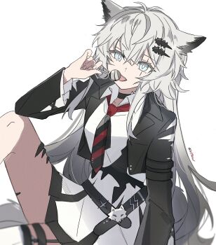 1girl animal_ears arknights black_jacket black_necktie blue_eyes bright_pupils candy collared_dress commentary diagonal-striped_clothes diagonal-striped_necktie diamond-shaped_pupils diamond_(shape) dress food grey_hair hair_between_eyes hair_ornament hairclip highres holding holding_candy holding_food holding_lollipop jacket lappland_(arknights) lollipop long_hair long_sleeves looking_at_viewer material_growth necktie open_clothes open_jacket oripathy_lesion_(arknights) red_necktie scar scar_across_eye scar_on_face seri_(vyrlw) simple_background solo striped_clothes symbol-only_commentary symbol-shaped_pupils white_background white_dress white_pupils wolf_ears wolf_girl