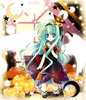 1girl 2000s_(style) black_dress black_hairband black_ribbon black_shoes blue_eyes closed_mouth commentary_request crescent detached_sleeves dress feathered_wings full_body glowing glowing_wings green_hair hair_ornament hairband halloween jack-o&#039;-lantern jack-o&#039;-lantern_hair_ornament lace lace-trimmed_dress lace_trim long_hair looking_at_viewer neck_ribbon orange_sleeves original puffy_detached_sleeves puffy_sleeves pumpkin ribbon shii_(ceray) shoes sidelocks smile solo standing very_long_hair white_wings window wings