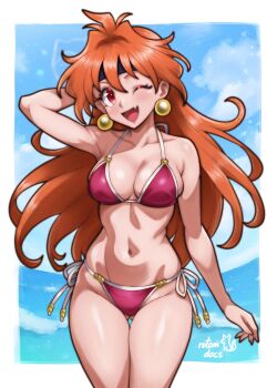 1girl ;d absurdres arm_behind_head arm_up artist_name bare_arms bare_shoulders bikini black_headband blue_sky blush breasts cleavage commentary cowboy_shot earrings english_commentary facing_viewer fang full_cleavage gluteal_fold hair_between_eyes halterneck headband highres jewelry lina_inverse long_hair looking_to_the_side medium_breasts navel ocean one_eye_closed open_mouth orange_hair pink_bikini red_eyes rotomdocs side-tie_bikini_bottom sideboob sideways_glance signature skin_fang sky slayers smile solo sphere_earrings standing stomach swimsuit