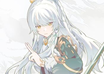 1girl blue_pupils braid closed_mouth commentary_request diamond-shaped_pupils diamond_(shape) earrings garann14 genshin_impact high_ponytail highres jewelry long_hair long_sleeves looking_at_viewer ponytail solo symbol-shaped_pupils white_hair yellow_eyes zibai_(genshin_impact)