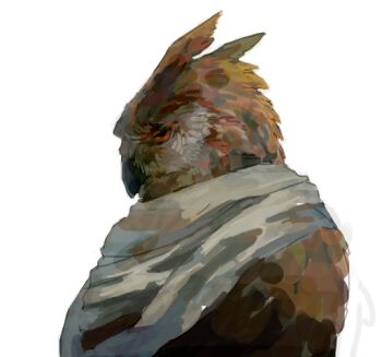 1other bird brown_feathers commentary_request feathers furry looking_at_viewer nagabe orange_eyes original owl simple_background solo upper_body white_background