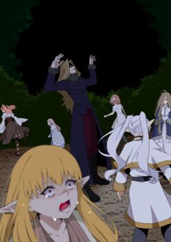 6+girls arms_up black_coat blonde_hair blue_capelet blurry blurry_foreground brown_hair capelet coat commentary_request crying crying_with_eyes_open demon_girl demon_horns dress edel_(sousou_no_frieren) elf expressionless forest frieren fur-trimmed_coat fur-trimmed_collar fur-trimmed_sleeves fur_trim gold_trim grey_hair hair_over_one_eye highres horns linie_(sousou_no_frieren) long_hair long_pointy_ears long_sleeves methode_(sousou_no_frieren) multiple_girls nature open_mouth outdoors parted_lips pink_hair pointy_ears robe running scared sense_(sousou_no_frieren) serie_(sousou_no_frieren) shaded_face sousou_no_frieren sword_village_chief_(sousou_no_frieren) tears twintails very_long_hair white_capelet white_dress white_robe wide-eyed yasehattagi