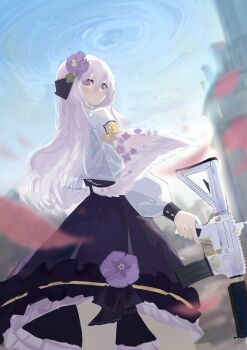 1girl absurdres azusa_(blue_archive) blue_archive dress flower frilled_dress frills from_side gun hair_between_eyes hair_flower hair_ornament hair_ribbon highres holding holding_gun holding_weapon long_hair looking_at_viewer looking_back outdoors purple_eyes ribbon rifle sidelocks sky solo standing weapon white_hair wings ye_he_yue