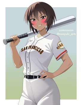 Rule 34 | 1girl, absurdres, artist name, azumanga daiou, baseball, baseball bat, baseball uniform, belt, belt buckle, black belt, blush, border, breasts, brown eyes, brown hair, buckle, carrying over shoulder, commentary, commission, cowboy shot, dark-skinned female, dark skin, english text, gradient background, grin, hair between eyes, hand on own hip, hand up, hands on own hips, highres, holding, holding baseball bat, kagura (azumanga daioh), large breasts, looking at viewer, naoyuki arts, nike (company), outside border, pants, parted lips, patch, playing sports, san francisco giants, shirt, short hair, short sleeves, shoulder patch, smile, solo, sportswear, standing, tomboy, twitter username, v-shaped eyebrows, white border, white pants, white shirt