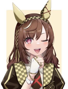 1girl absurdres animal_ears black_necktie blush braid breasts brown_hair buena_vista_(heroina_inocente)_(umamusume) buena_vista_(umamusume) checkered_collar checkered_hairband ear_covers fingerless_gloves gloves hair_between_eyes hair_ornament hairband headband highres horse_ears horse_girl jacket jewelry jitsumuraakiho looking_at_viewer medium_hair multiple_rings necktie one_eye_closed open_mouth purple_eyes ring shirt simple_background smile solo umamusume upper_body white_gloves white_shirt