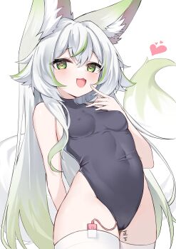 1girl :3 :d absurdres animal_ear_fluff animal_ears arm_behind_back black_one-piece_swimsuit body_writing breasts cameltoe collarbone commentary covered_erect_nipples covered_navel cowboy_shot finger_to_mouth gradient_hair green_eyes green_hair hand_up heart heart-shaped_pupils highleg highleg_one-piece_swimsuit highres long_hair looking_at_viewer luochao0524 multicolored_hair negiwolf one-piece_swimsuit open_mouth original sex_toy simple_background small_breasts smile smug solo streaked_hair swimsuit symbol-shaped_pupils tail tally thighhighs variant_set very_long_hair vibrator vibrator_in_thighhighs vibrator_under_clothes white_background white_hair white_thighhighs wolf_ears wolf_girl wolf_tail