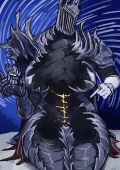 1girl absurdres armor bracelet breasts elden_ring elden_ring_nightreign extra_arms full_armor genderswap genderswap_(mtf) great_rune_(elden_ring) handjob_gesture helmet heolstor_the_nightlord highres huge_breasts jewelry miao_jiangyou night outdoors pale_skin ring sigil sitting solo spiked_armor spiked_helmet spikes star_(sky) thighs