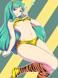 Rule 34 | 1girl, animal print, bikini, blue eyes, breasts, closed mouth, commentary request, feet out of frame, green hair, highres, horns, kakone, long hair, looking at viewer, lum, medium breasts, navel, one eye closed, open mouth, solo, star (symbol), swimsuit, tiger print, two-tone background, urusei yatsura, yellow background