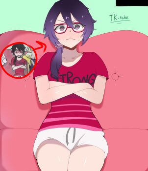 absurdres bambietta_basterbine bleach bleach:_sennen_kessen-hen closed_mouth collarbone couch crossed_arms glasses highres looking_at_viewer official_alternate_costume photo-referenced quincy_(bleach) shirt shorts side_ponytail sternritter tk.nahee